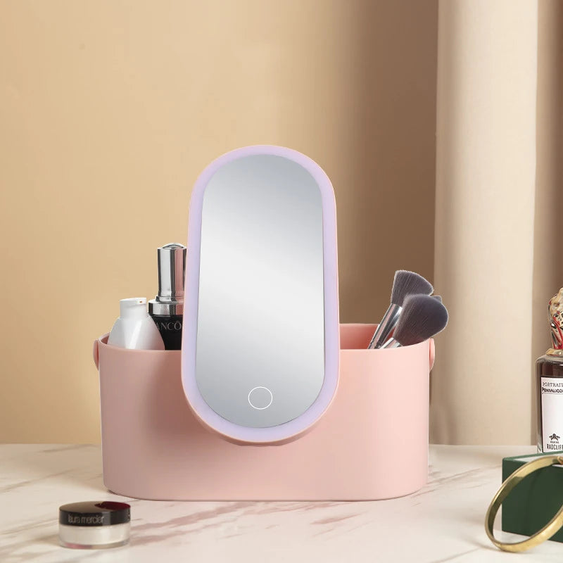 Portable LED Makeup Mirror with 3-color Touch Light & Storage Box