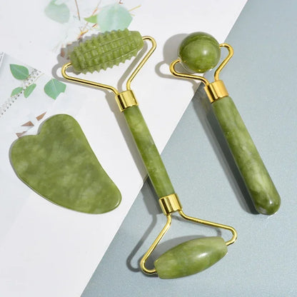 Natural Jade Roller and Gua Sha Facial Massage Set for Lifting and Puffiness Relief