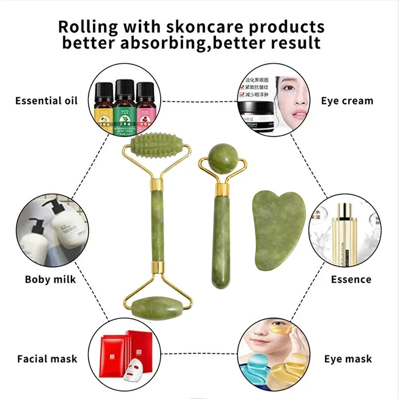 Natural Jade Roller and Gua Sha Facial Massage Set for Lifting and Puffiness Relief