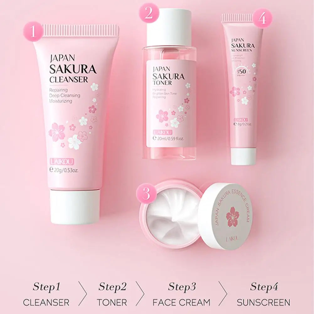 Sakura Complete Skincare Routine Set with Cleanser, Serum, Eye Cream & Moisturizer