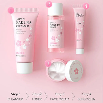 Sakura Complete Skincare Routine Set with Cleanser, Serum, Eye Cream & Moisturizer