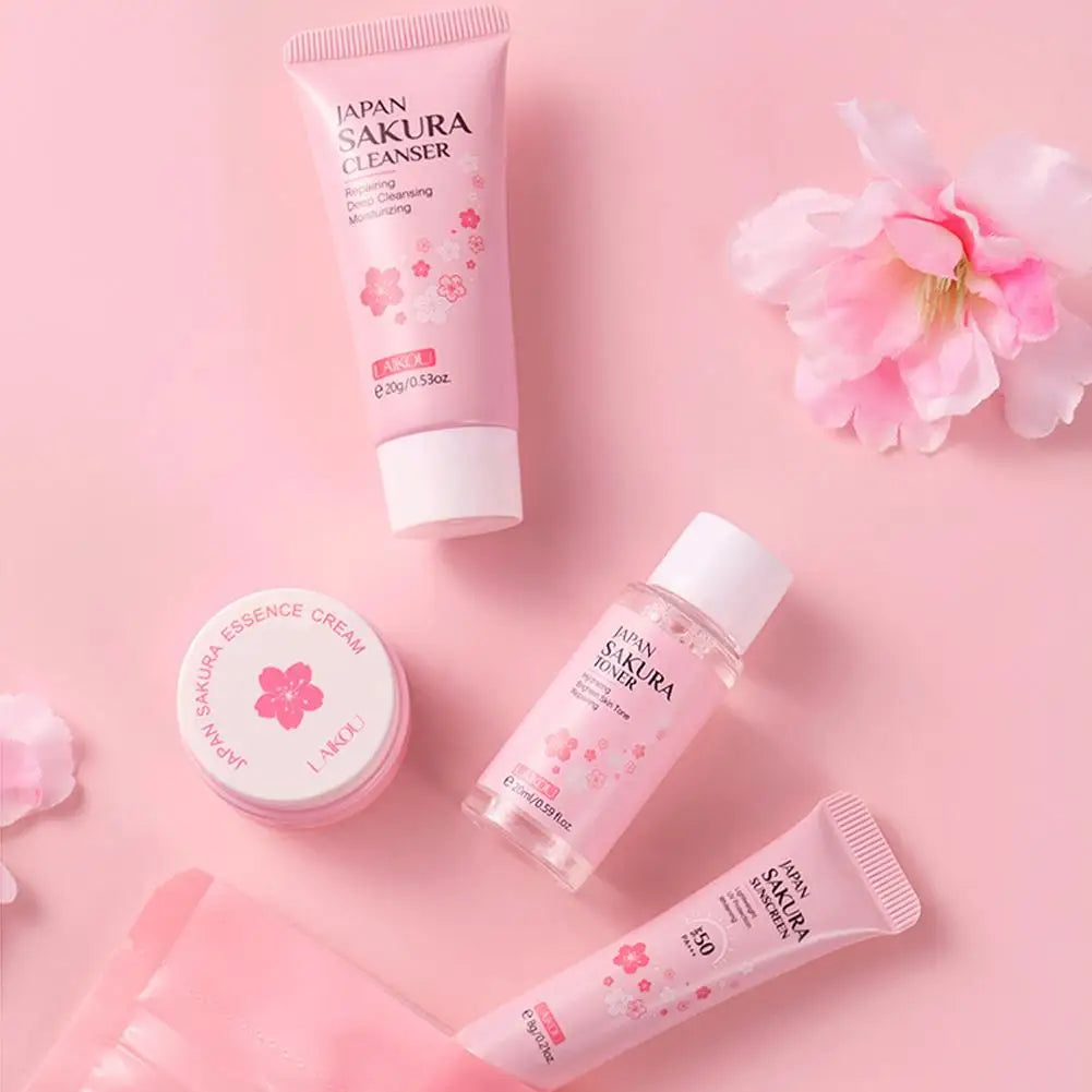 Sakura Complete Skincare Routine Set with Cleanser, Serum, Eye Cream & Moisturizer