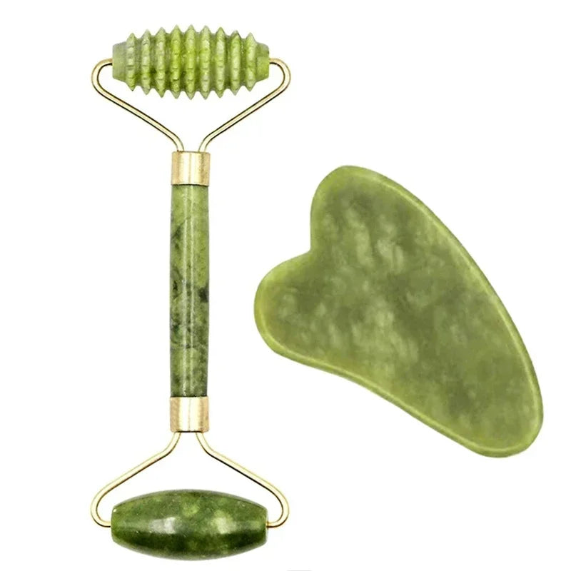 Natural Jade Roller and Gua Sha Facial Massage Set for Lifting and Puffiness Relief