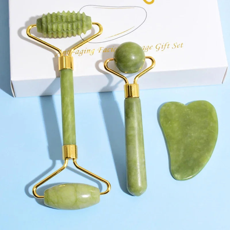 Natural Jade Roller and Gua Sha Facial Massage Set for Lifting and Puffiness Relief