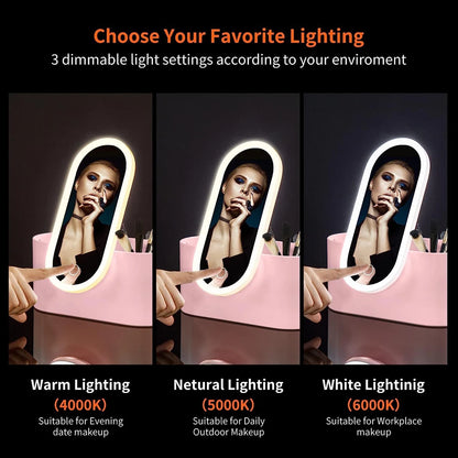 Portable LED Makeup Mirror with 3-color Touch Light & Storage Box